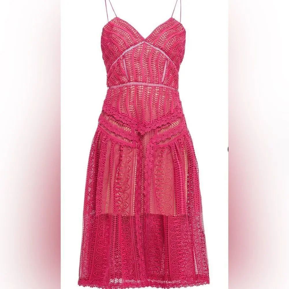Self-Portrait Fuchsia Guipure Lace Spiral Midi Dress, Nude Lining, US4, UK8 EX++